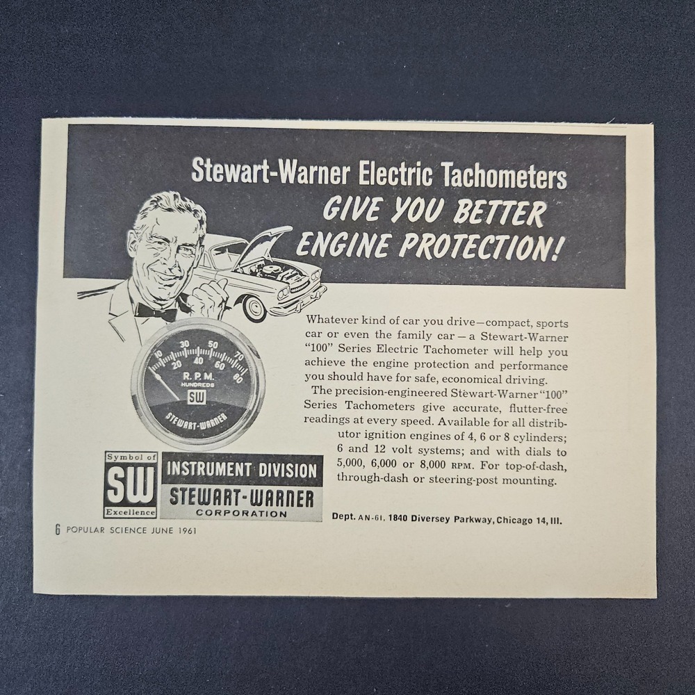 1961 Stewart-Warner Electric Instrument Division Tachometers‎ Vintage Print Ad